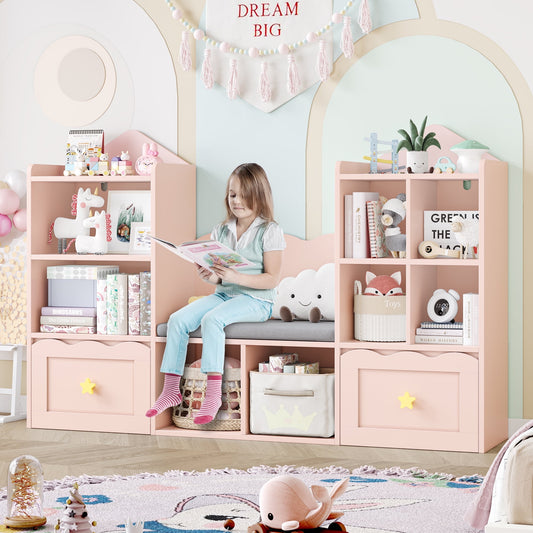 Homfa Kids Bookshelf with Reading Nook, Kids Storage Cabinet with 8 Cubby, 2 Wood Toy Bin for Nursery Kids Room, Pink