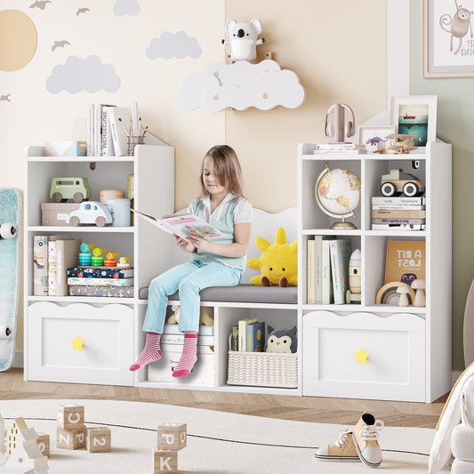 Homfa Kids Bookshelf with Reading Nook, Kids Storage Cabinet with 8 Cubby, 2 Wood Toy Bin for Nursery Kids Room, White