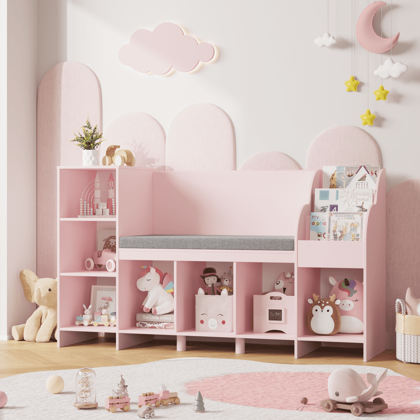 Homfa Kids Bookshelf with Reading & Seat Nook, 7 Cube Wooden Child Toy Organizer with Adjustable Shelf, 31.5in H x 54.5in W, Pink