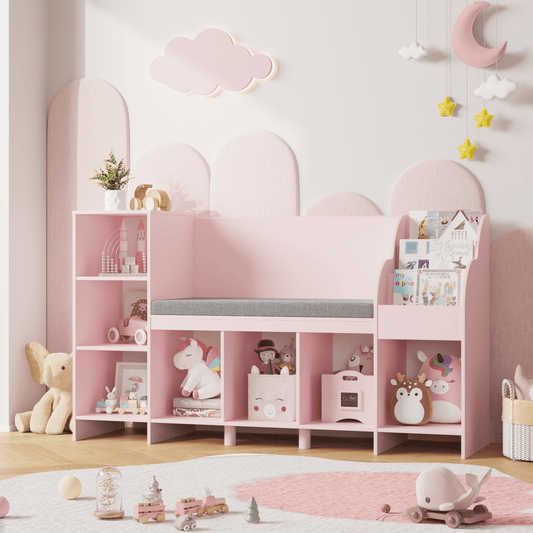 Homfa Kids Bookshelf with Reading & Seat Nook, 7 Cube Wooden Child Toy Organizer with Adjustable Shelf, 31.5in H x 54.5in W, Pink