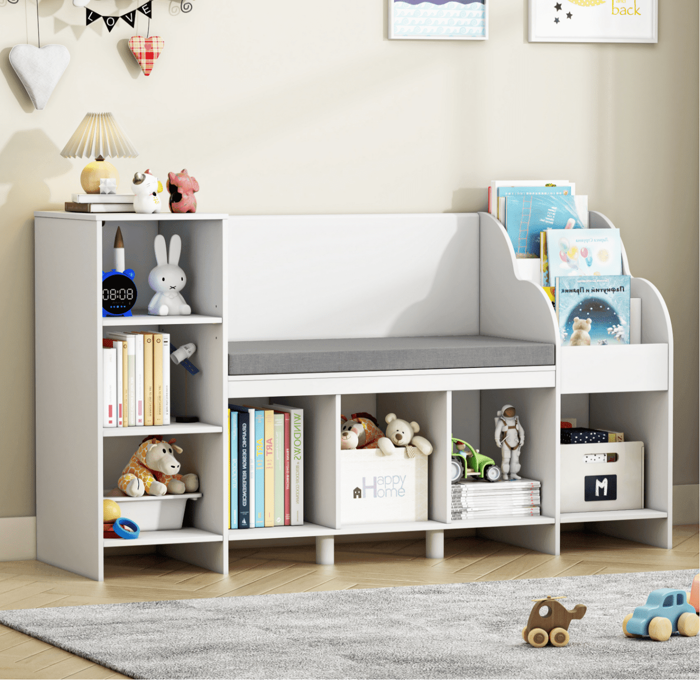 Homfa Kids Bookshelf, 7 Cube Storage, Wooden Seat Nook, Adjustable Shelves, 31.5in H x 54.5in W, White