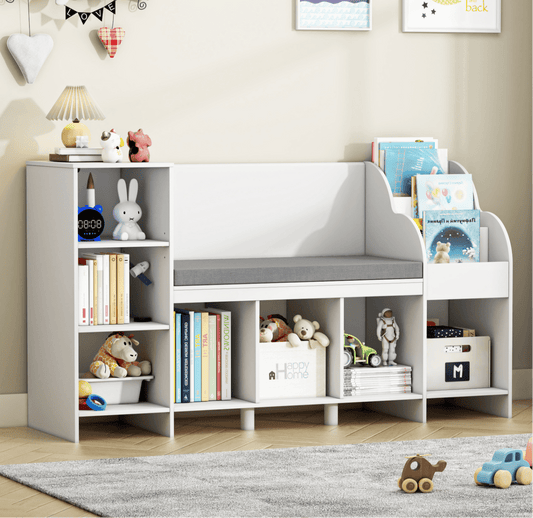 Homfa Kids Bookshelf, 7 Cube Storage, Wooden Seat Nook, Adjustable Shelves, 31.5in H x 54.5in W, White