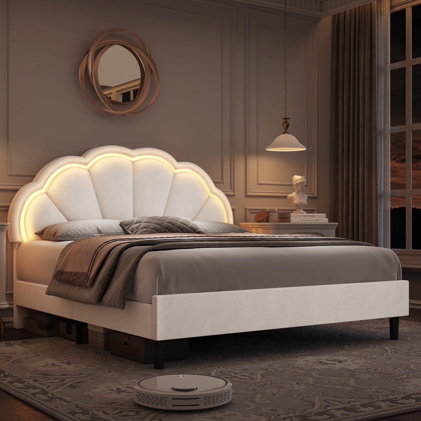 Homfa King LED Bed, Petal Platform Bed Frame with Adjustable Upholstered Headboard, Off-White