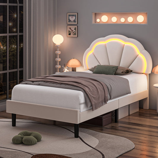 Homfa Modern Twin Size Velvet LED Bed Frame with Adjustable Headboard, Off-White