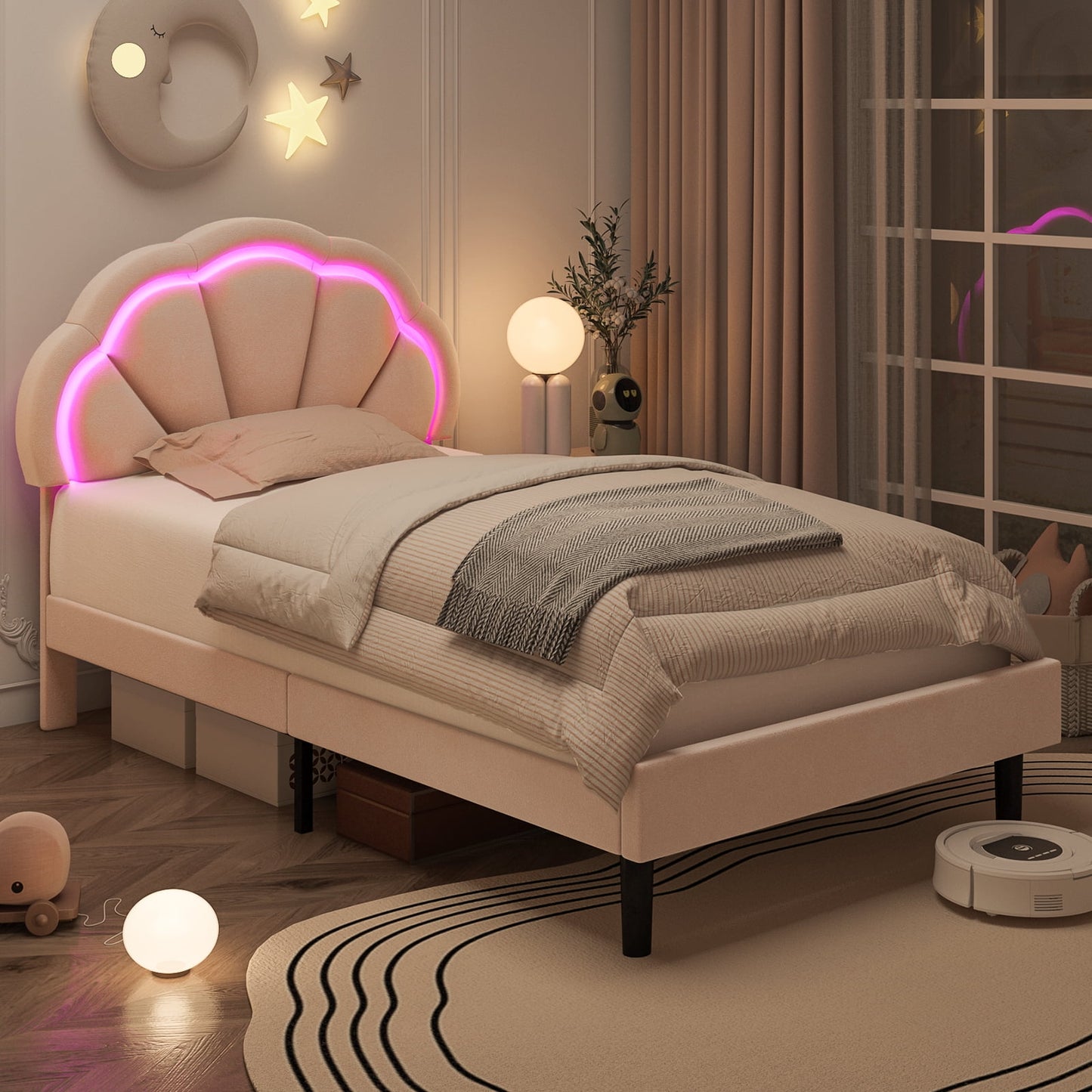 Homfa LED Bed Frame, Twin Size Velvet Upholstered Platform Bed with Adjustable Headboard, Lights Seashell Bed for Kids Girls, Pink