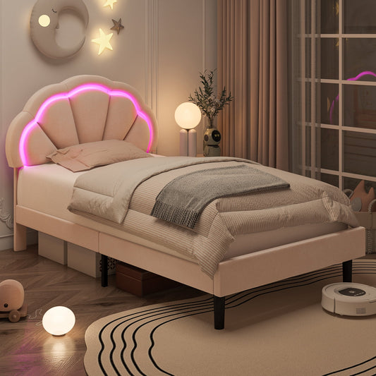 Homfa LED Bed Frame, Twin Size Velvet Upholstered Platform Bed with Adjustable Headboard, Lights Seashell Bed for Kids Girls, Pink