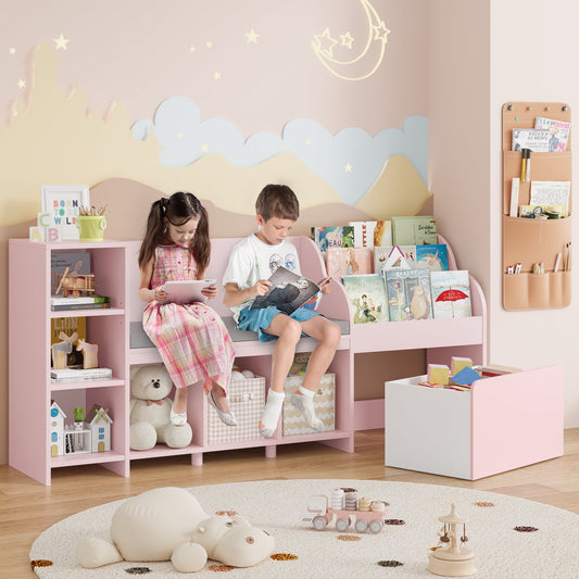 Homfa Pink Kids Bookshelf with Reading Nook, 6 Shelf Bookcase with 1 Wood Toy Bin on Wheels with 3 Tier Book Rack for Children Kidsroom