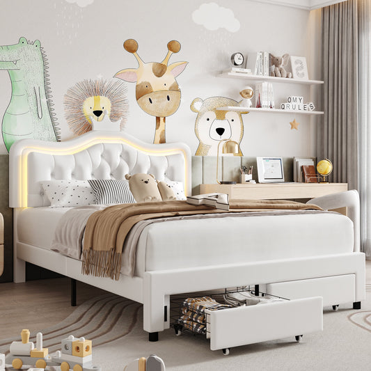Homfa Queen LED Upholstered Bed with 2 Drawers, PU Leather Platform Bed with Adjustable Crown Headboard, White