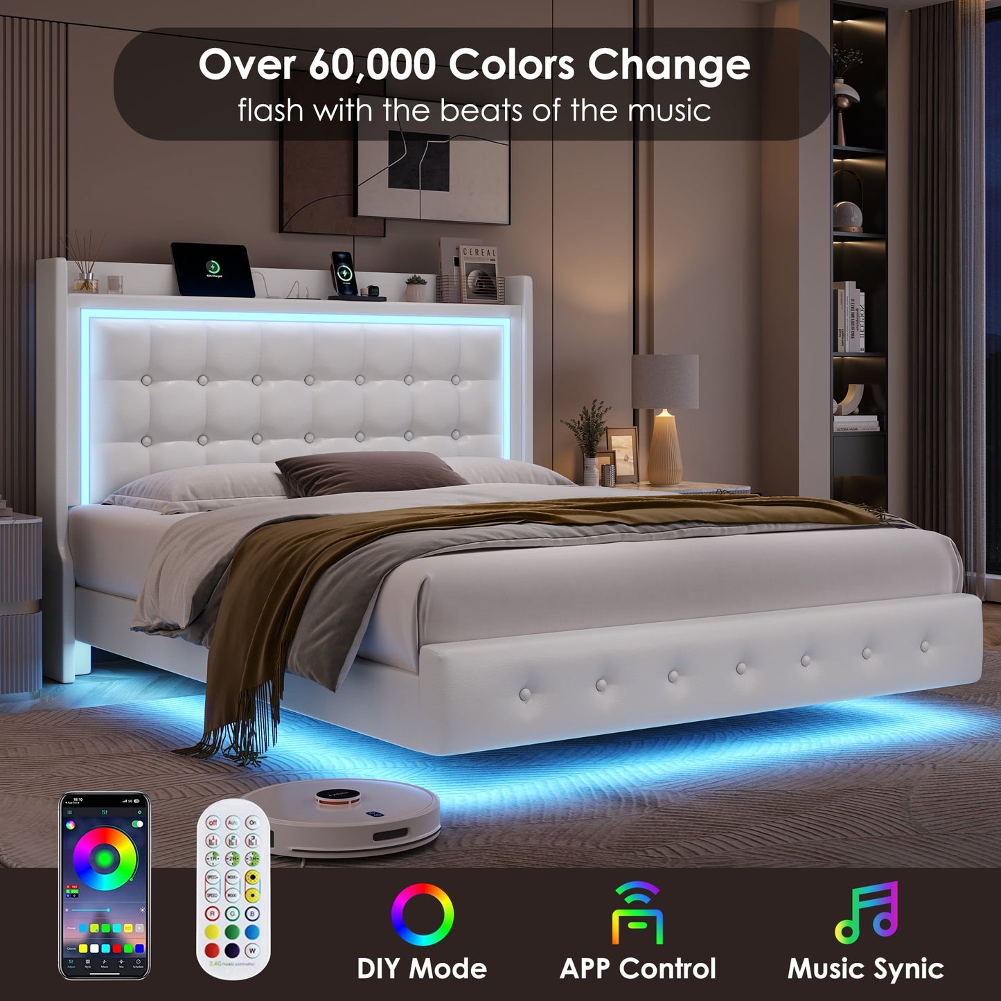 Homfa Queen Size Floating Bed with LED Lights & Charging Station, Modern PU Upholstered Platform Bed Frame Bed with Storage Headboard, White