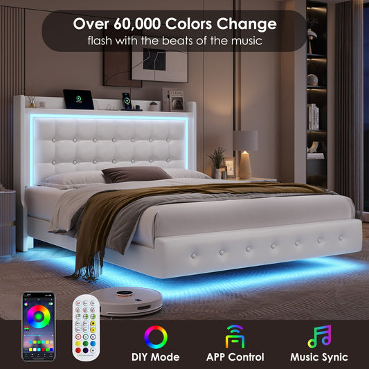 Homfa Queen Size Floating Bed with LED Lights & Charging Station, Modern PU Upholstered Platform Bed Frame Bed with Storage Headboard, White
