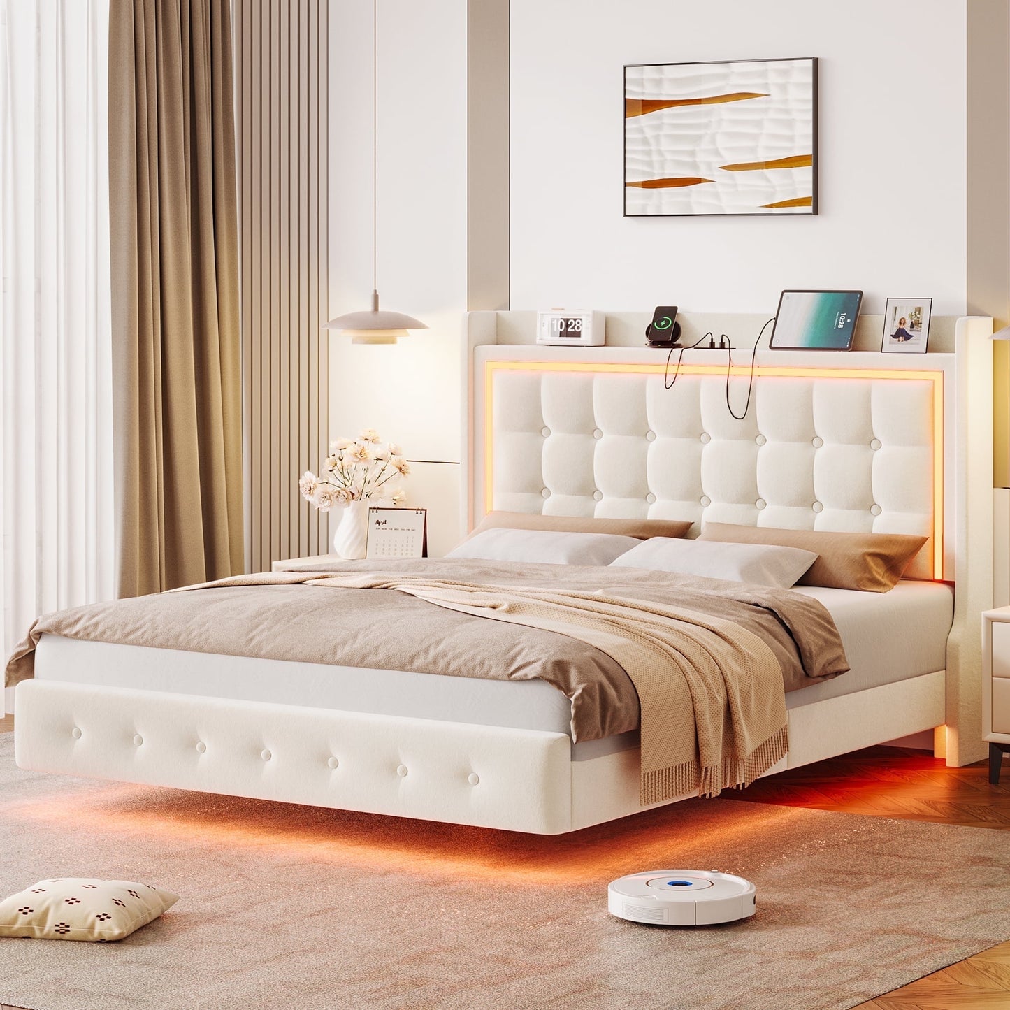 Homfa Queen Size Floating Bed with RGB LED Lights & Charging Station, Velvet Upholstered Platform Bed with Storage Headboard, White