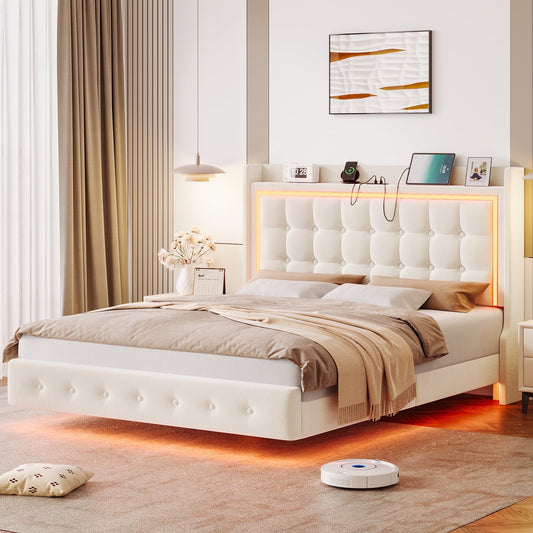 Homfa Queen Size Floating Bed with RGB LED Lights & Charging Station, Velvet Upholstered Platform Bed with Storage Headboard, White