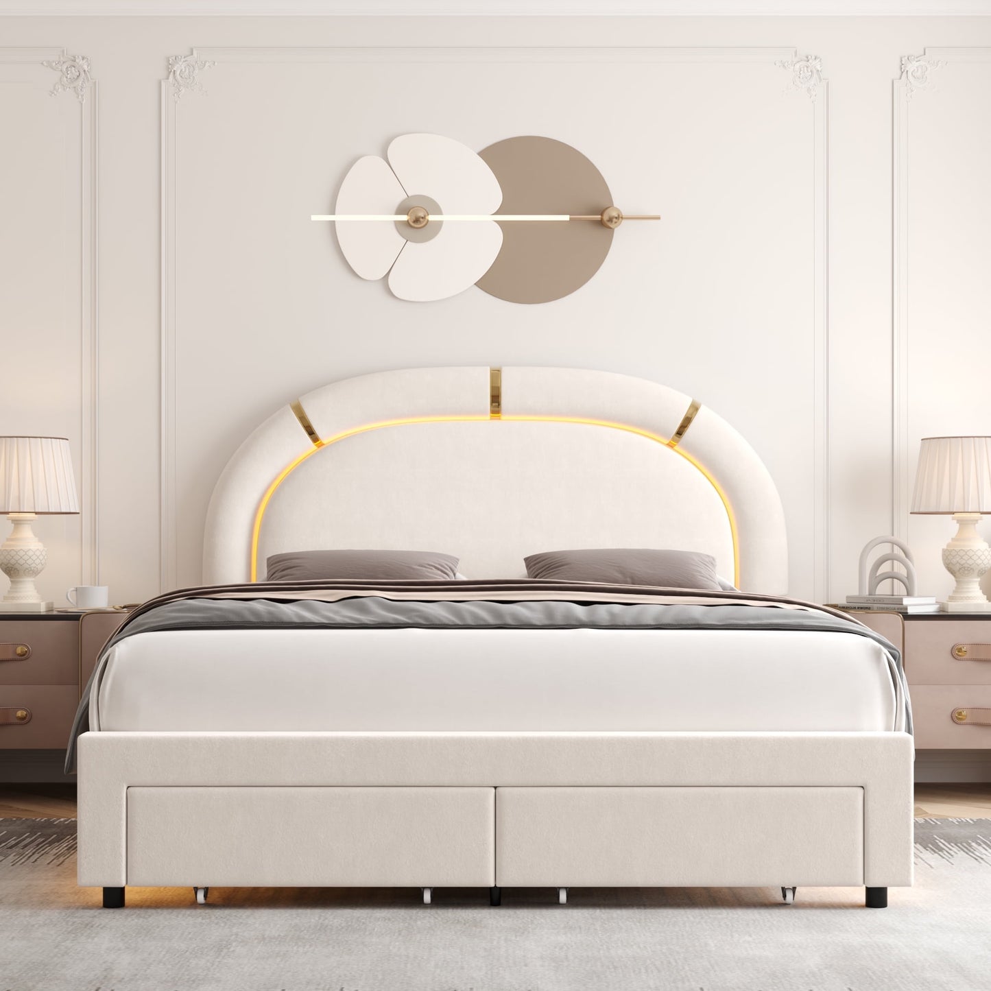 Homfa Queen Size LED Bed Frame with 2 Storage Drawer, Modern Velvet Tufted Upholstered Platform Bed with Arched Headboard for Bedroom, Beige