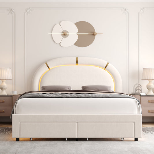 Homfa Queen Size LED Bed Frame with 2 Storage Drawer, Modern Velvet Tufted Upholstered Platform Bed with Arched Headboard for Bedroom, Beige