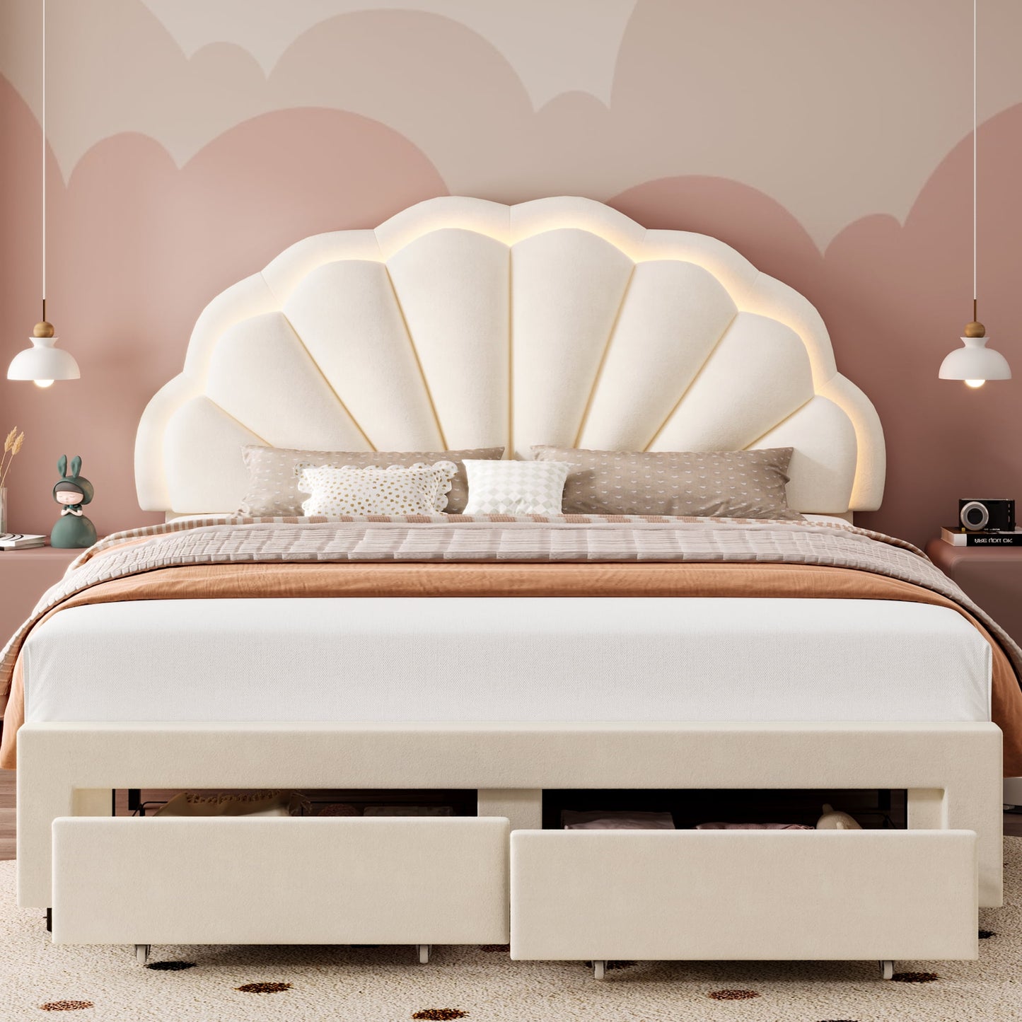 Homfa Queen Size LED Bed Frame with Drawer, Velvet Upholstered Platform Bed with Adjustable Petal Headboard for Kid, Beige