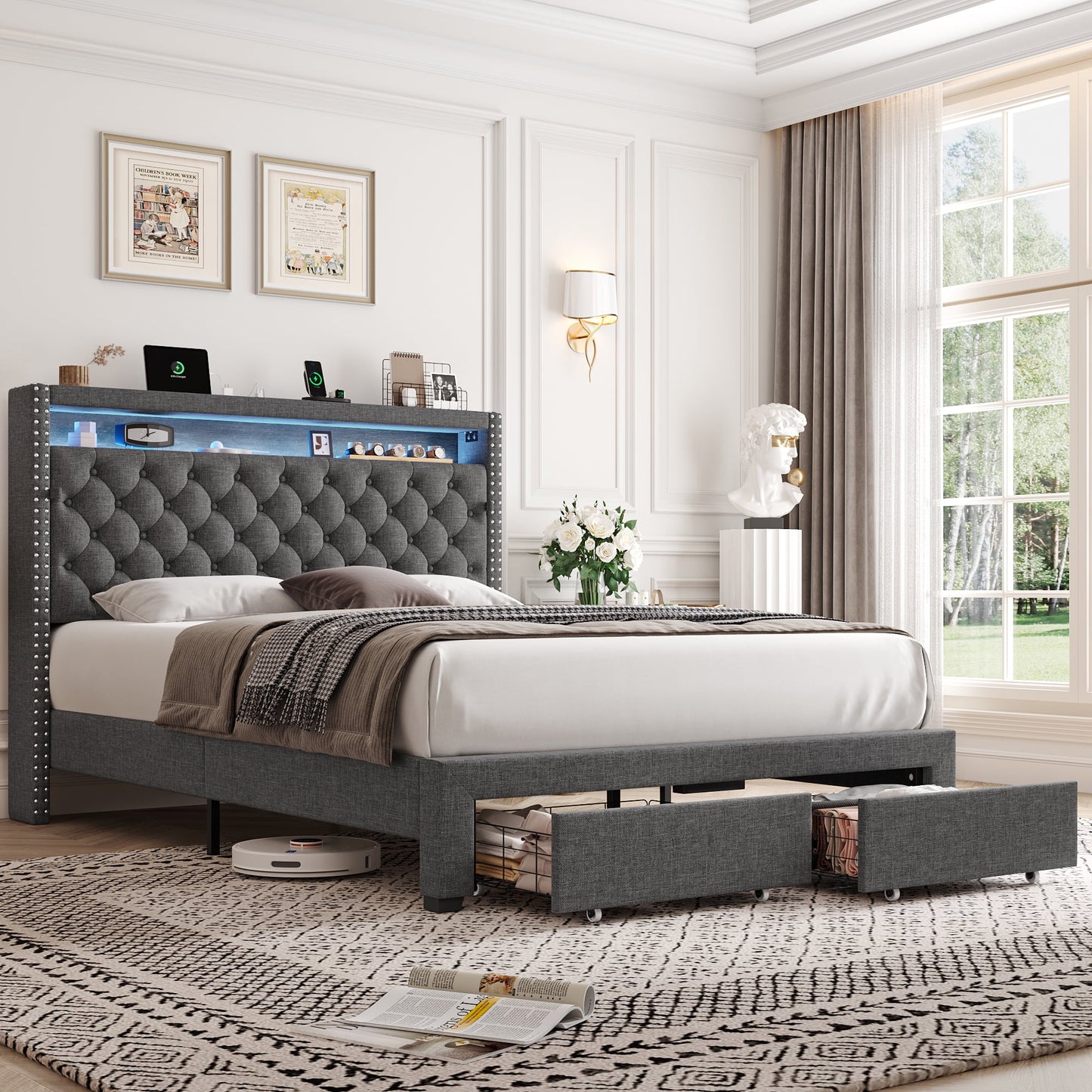 Homfa Queen Size LED Bed Frame with Outlets and USB Ports, Modern Storage Platform Bed with Linen Fabric Button Tufted Upholstered Headboard, Gray