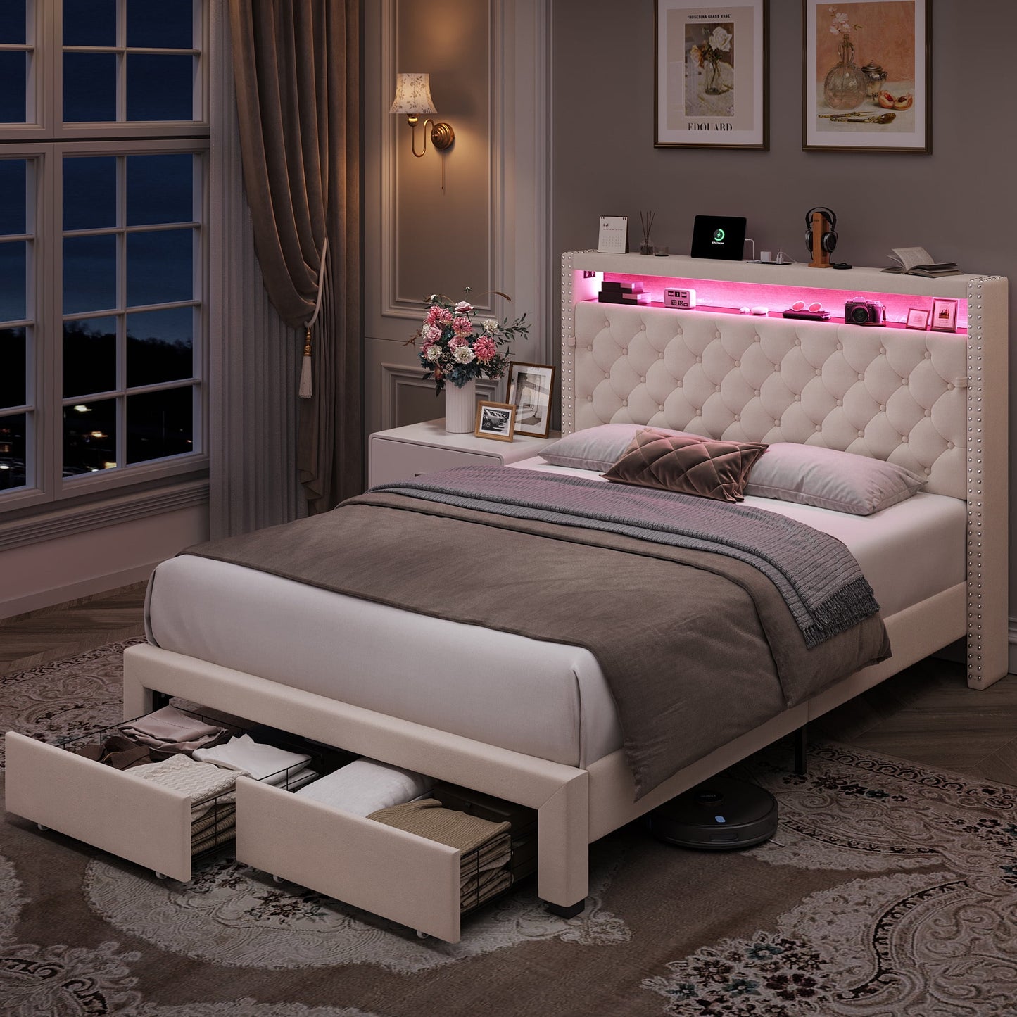 Homfa Queen Size LED Bed Frame with Outlets and USB Ports, Modern Storage Platform Bed with Velvet Fabric Button Tufted Upholstered Headboard, Beige