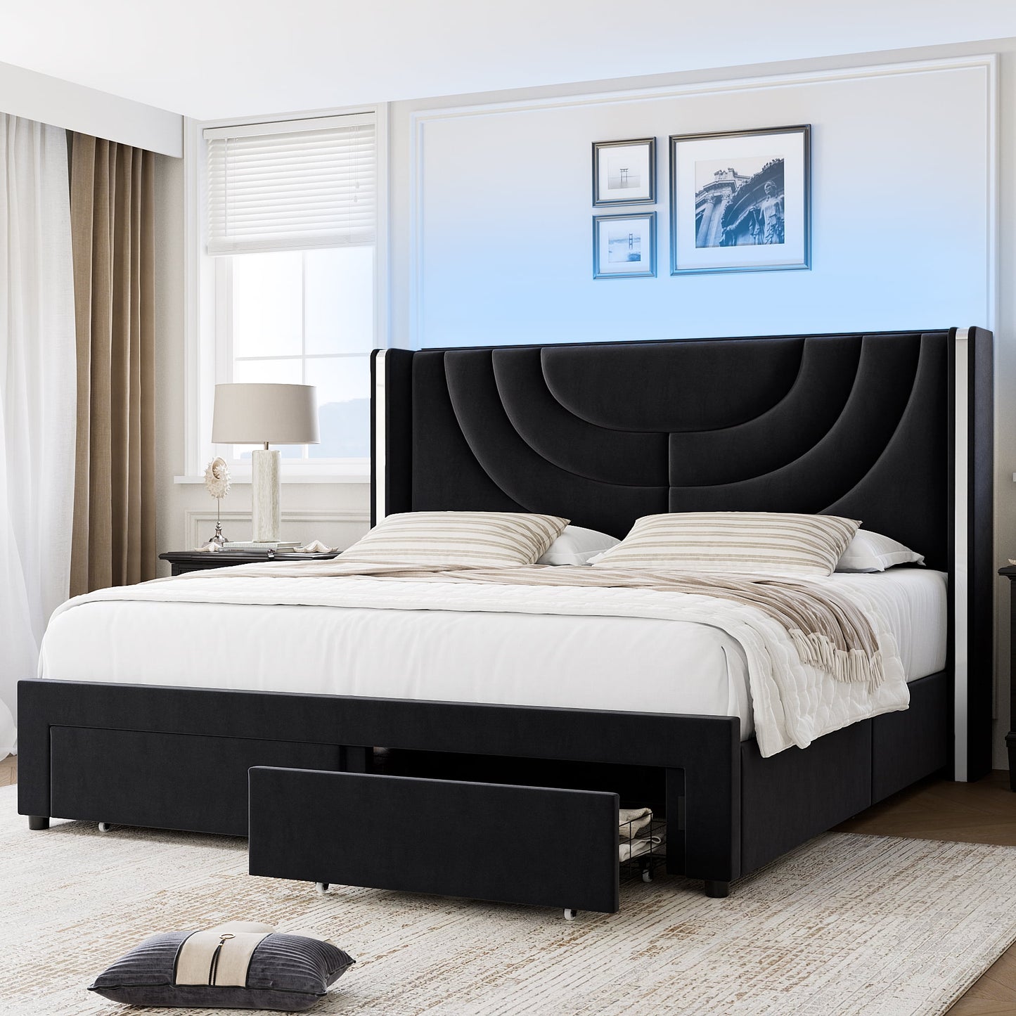 Homfa Queen Size Platform Bed Frame with Velvet Upholstered Headboard, LED Bed Frame with 2 Drawers, Black