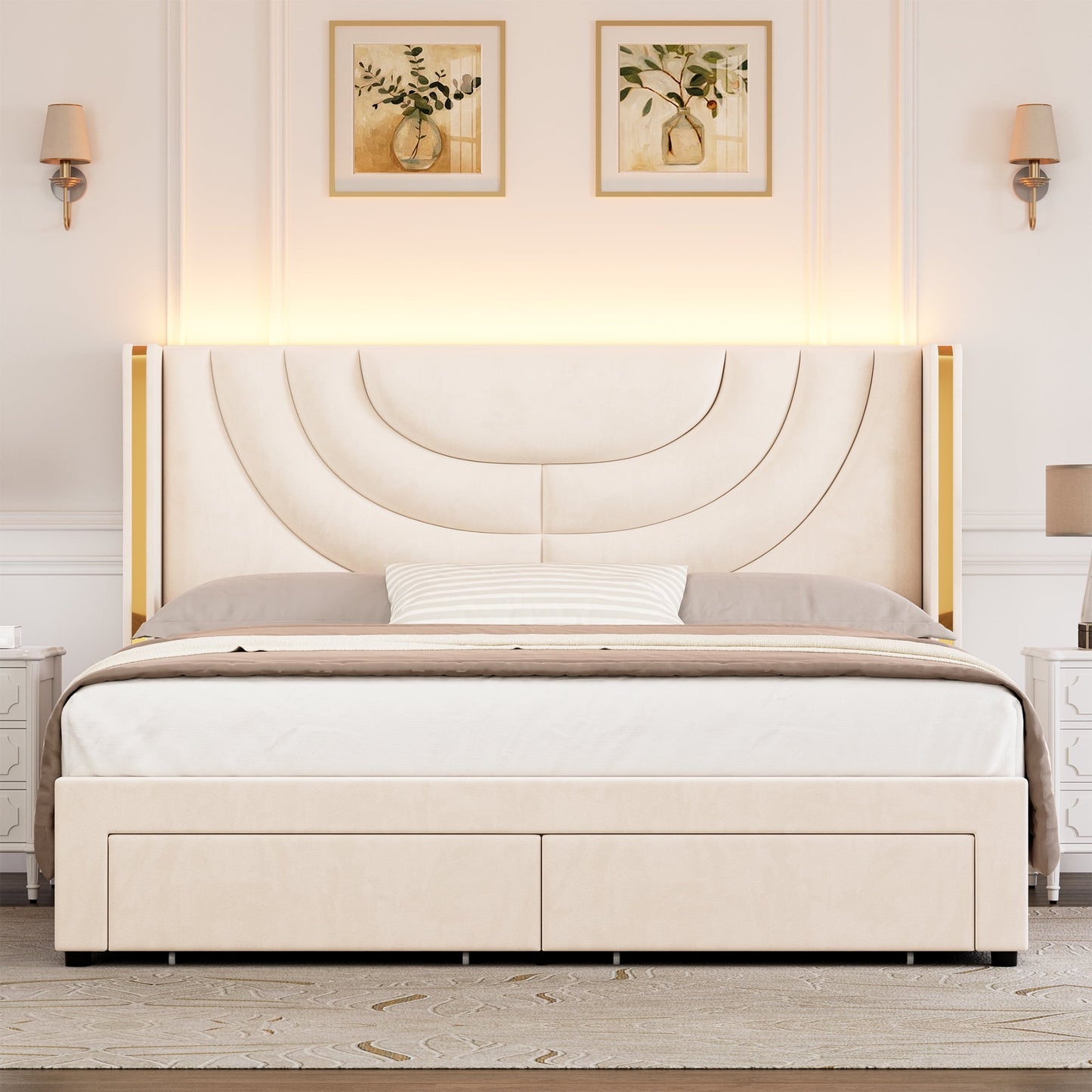 Homfa Queen Size Platform Bed Frame with Velvet Upholstered Headboard, LED Bed Frame with 2 Drawers, Off-white