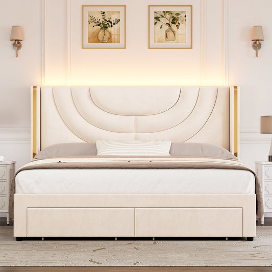 Homfa Queen Size Platform Bed Frame with Velvet Upholstered Headboard, LED Bed Frame with 2 Drawers, Off-white