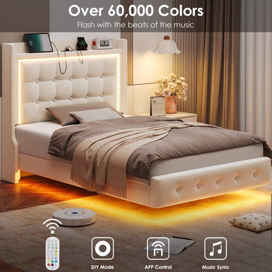 Homfa Velvet Upholstered Twin Size Floating Bed Frame with RGB Lights, USB Charger, & Storage Headboard, Off-White