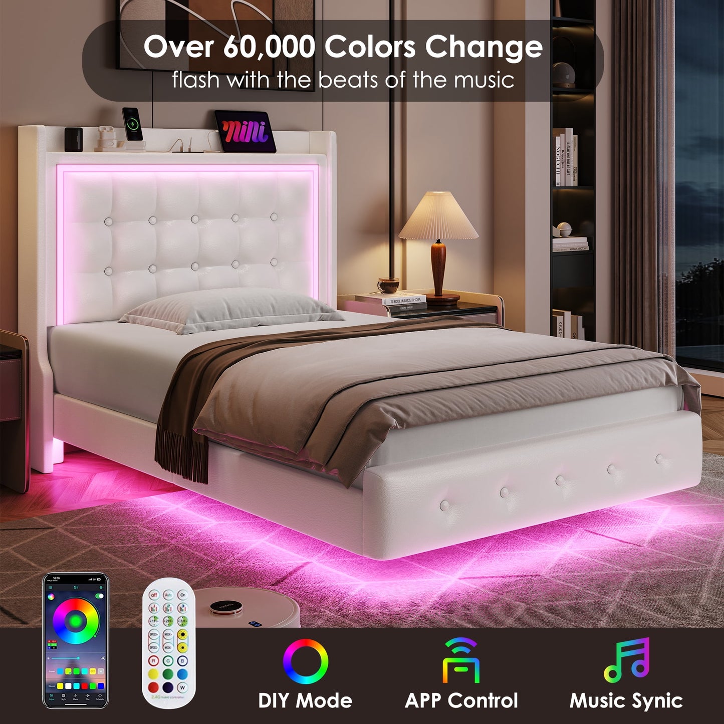 Homfa Twin Size Floating Bed with LED Lights & Charging Station, Modern PU Upholstered Platform Bed Frame Bed with Storage Headboard, White