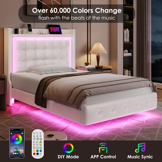 Homfa Twin Size Floating Bed with LED Lights & Charging Station, Modern PU Upholstered Platform Bed Frame Bed with Storage Headboard, White