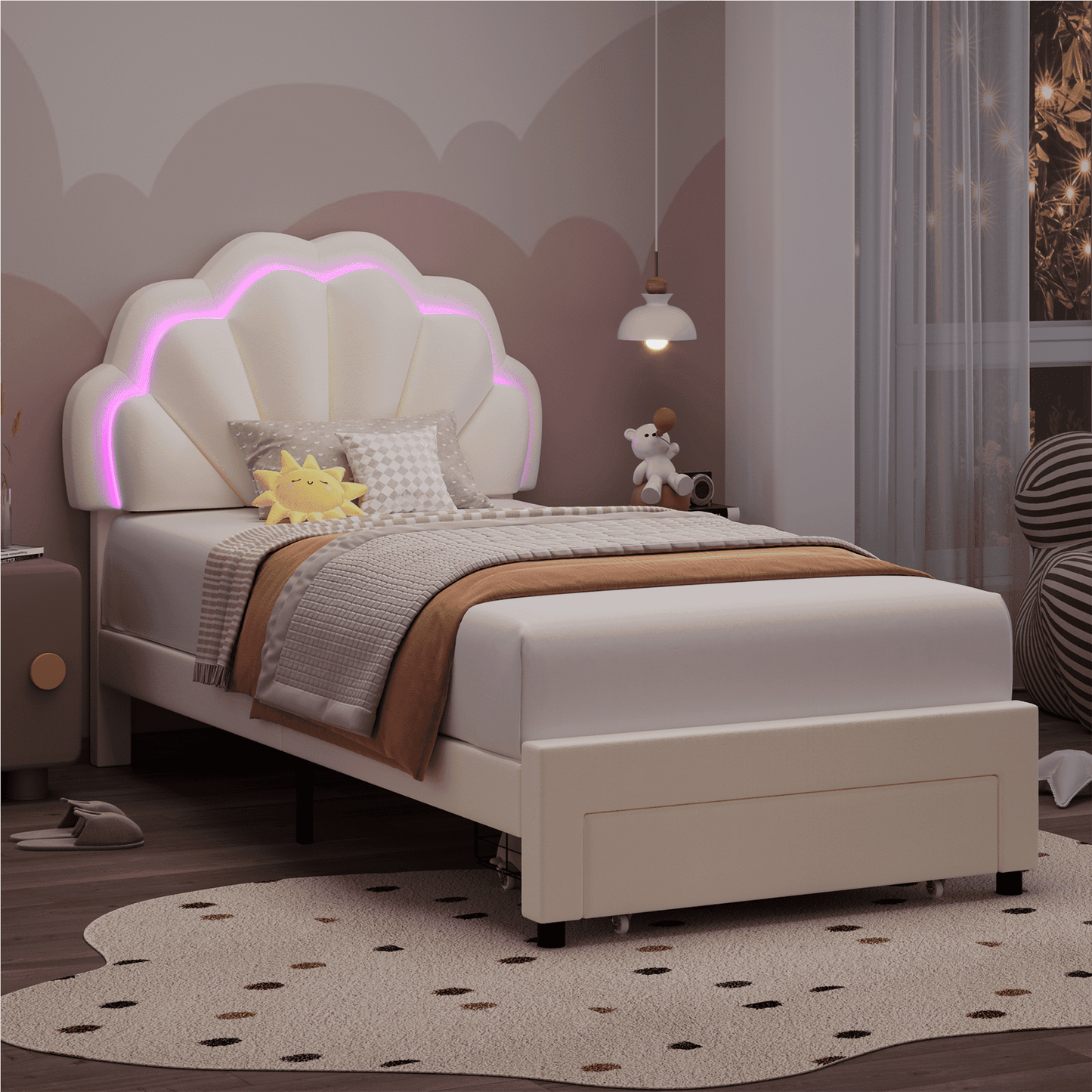 Homfa Twin Size LED Bed Frame with Drawer, Velvet Upholstered Platform Bed with Adjustable Petal Headboard for Kid, Beige