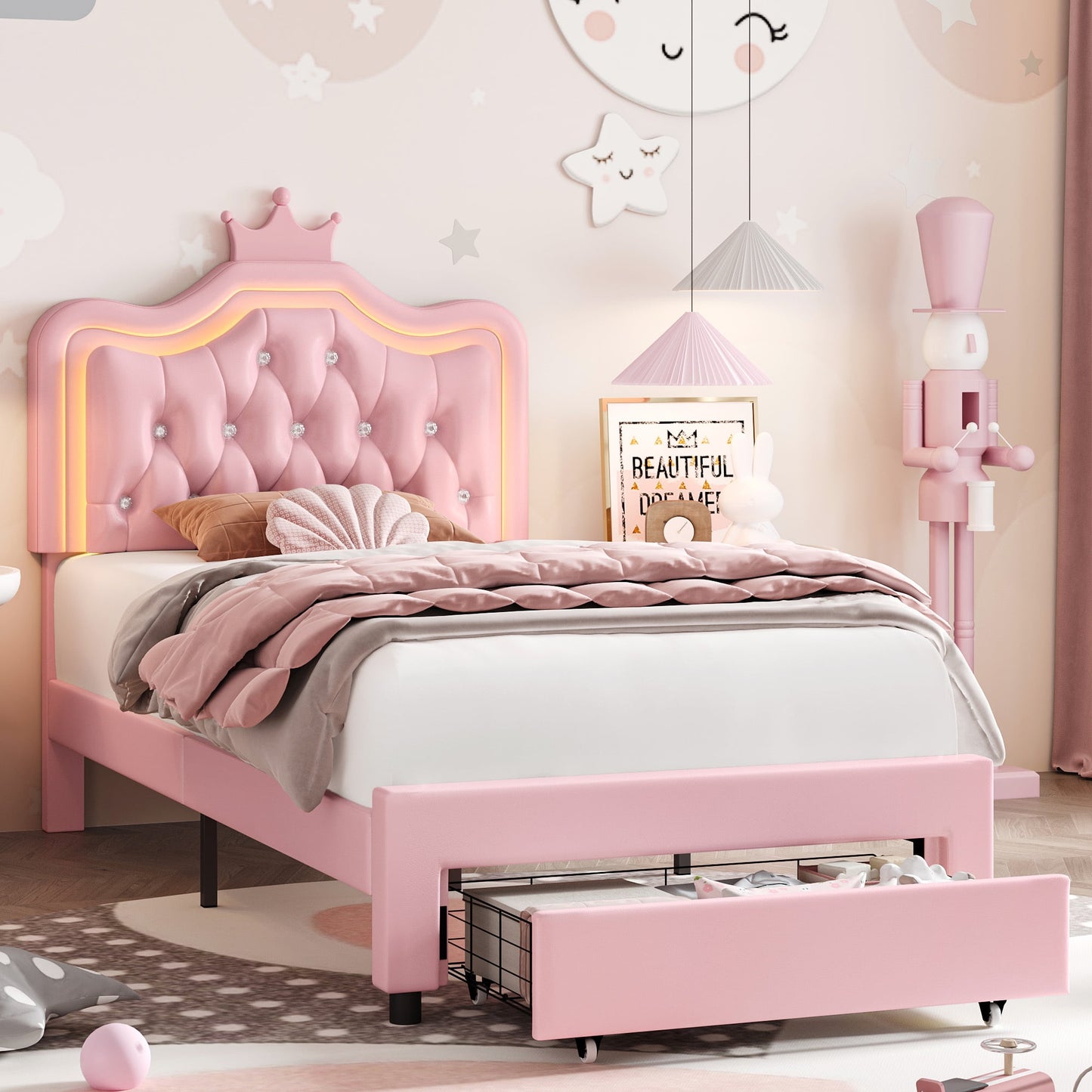 Homfa Twin Size LED Bed Frame with Storage Drawer, PU Leather Crown Platform Bed with Crystal Tufted Upholstered Adjustable Headboard, Pink
