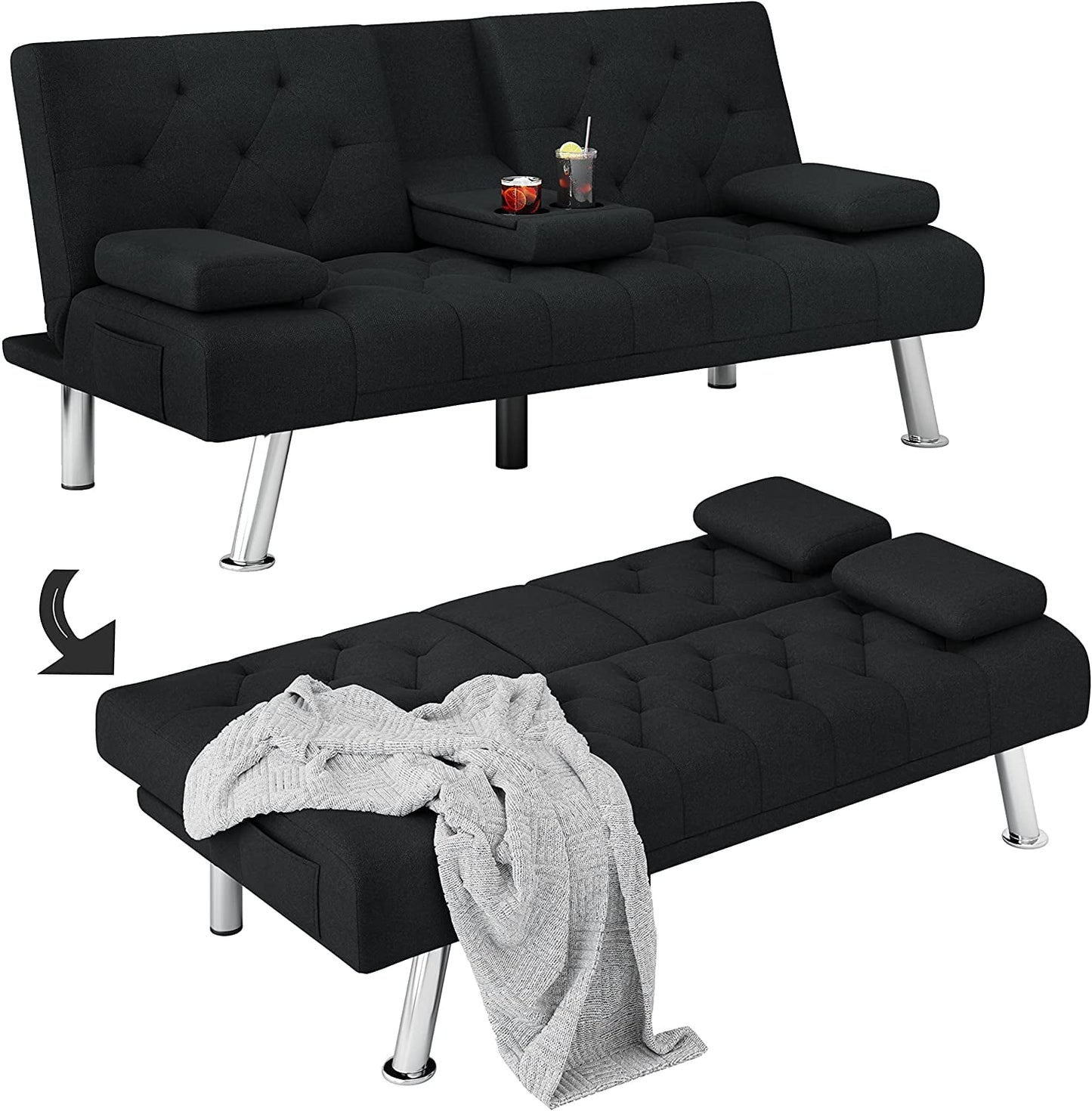 Homfa Upholstered Couch Sofa Bed, 66.3in Folding Futon Sofa with Removable Armrests for Living Room, Black