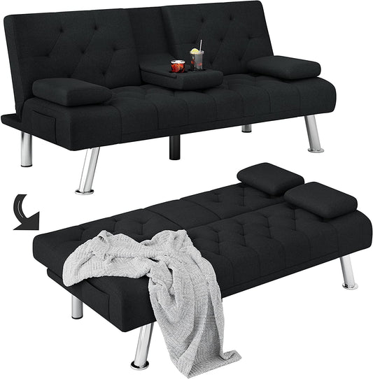 Homfa Upholstered Couch Sofa Bed, 66.3in Folding Futon Sofa with Removable Armrests for Living Room, Black