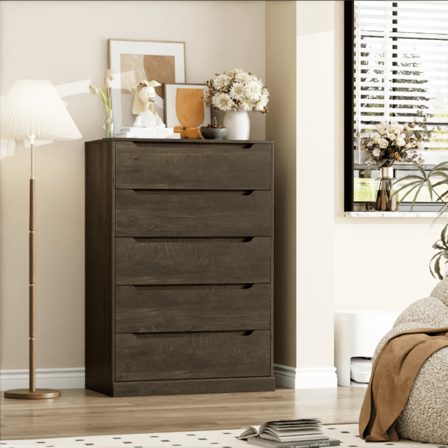 Homfa Vertical 5 Drawer Dresser, Wood Storage Cabinet with Upgraded Stable Base for Bedroom Living Room, Brown