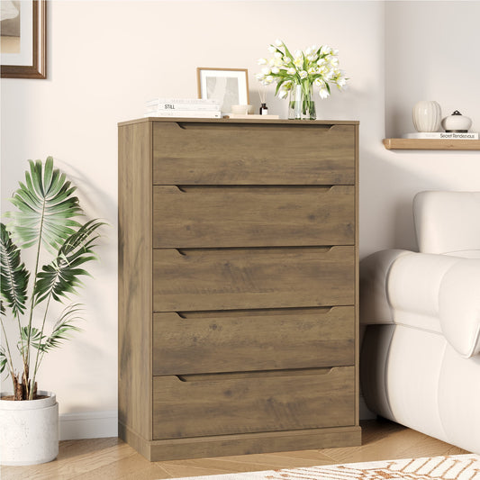 Homfa Vertical 5 Drawer Dresser, Wood Storage Cabinet with Upgraded Stable Base for Bedroom Living Room, Rustic Brown