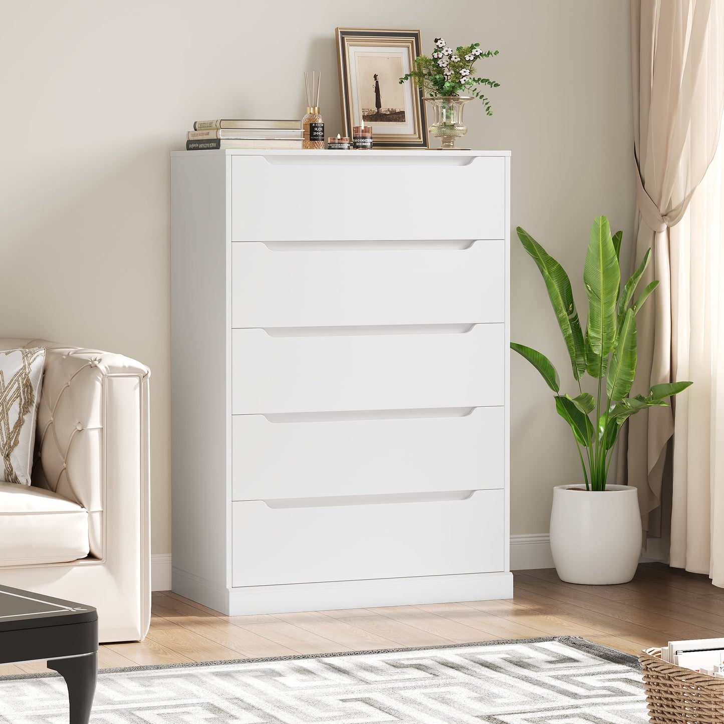 Homfa Vertical 5 Drawer Dresser, Wood Storage Cabinet with Upgraded Stable Base for Bedroom Living Room, White