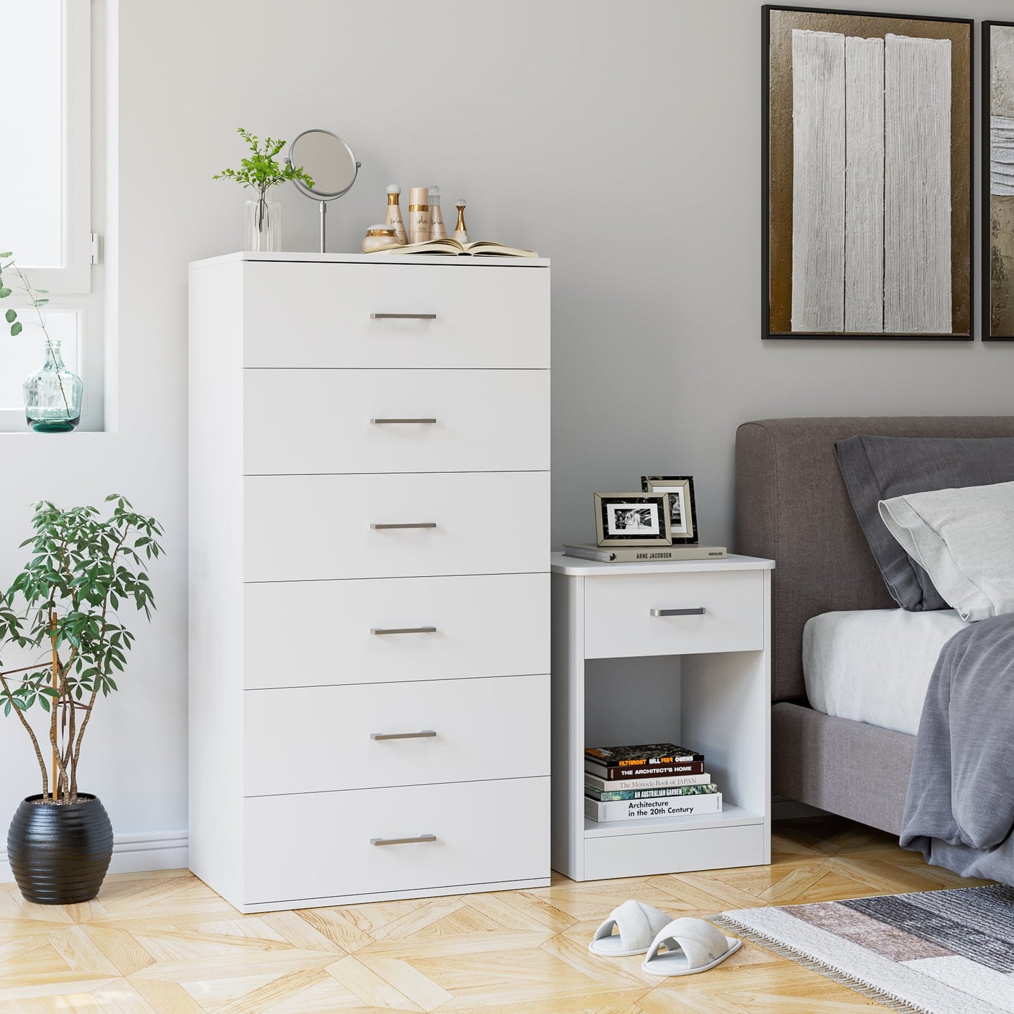 Homfa White 6 Drawer Dresser, Vertical Wood Storage Cabinet for Bedroom/Living Room