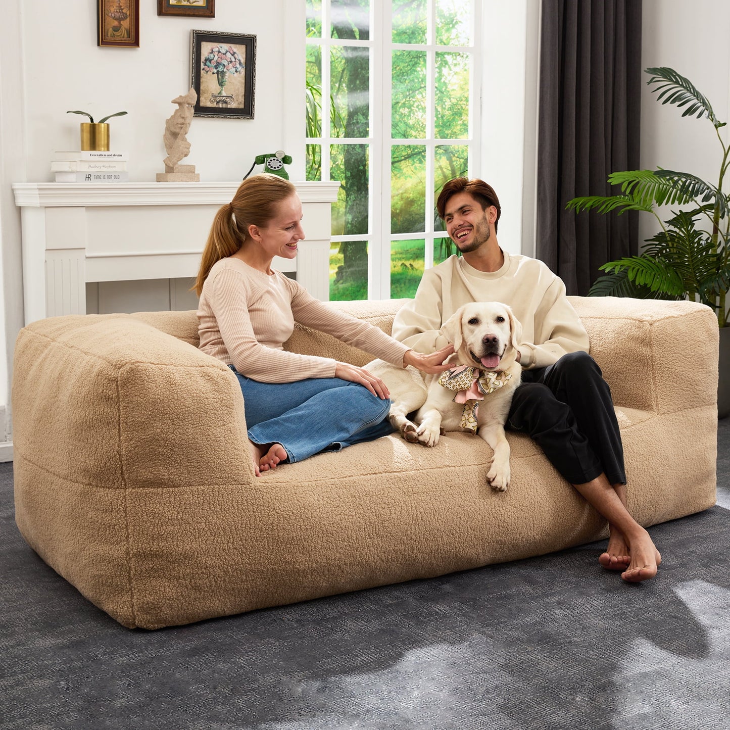 HOMGUAVA Oversized Bean Bag Chair for Adults & Teens, Giant Large Loveseat Bean Bag Chair Couch, Cozy Bedroom Comfy Chair Puffy Lazy Sofa with Soft Plush Sherpa Teddy Cover, Dark Gray