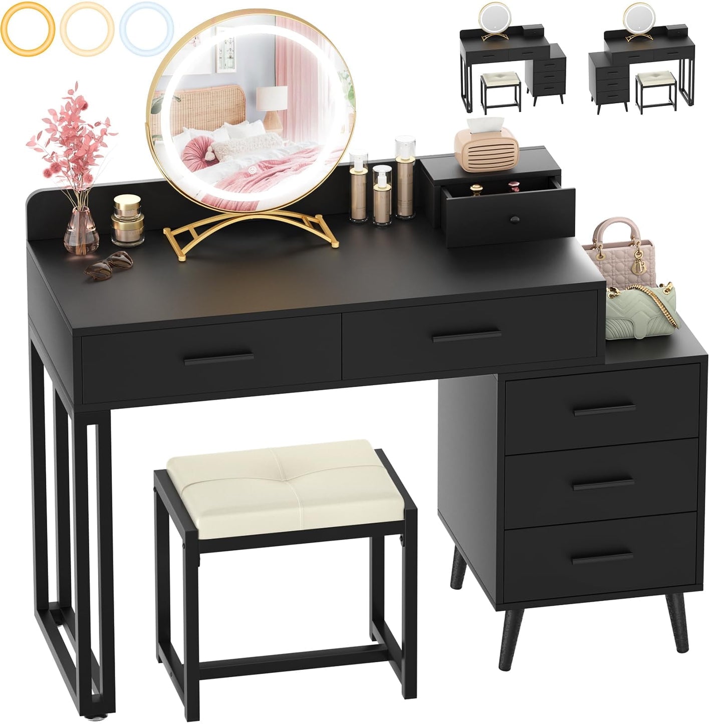 Homieasy Vanity Desk with Mirror and Lights, Modern Makeup Vanity Table Set with 6 Storage Drawers and Cushioned Stool for Bedroom, Dressing Table with Divided Organizers for Women, Black