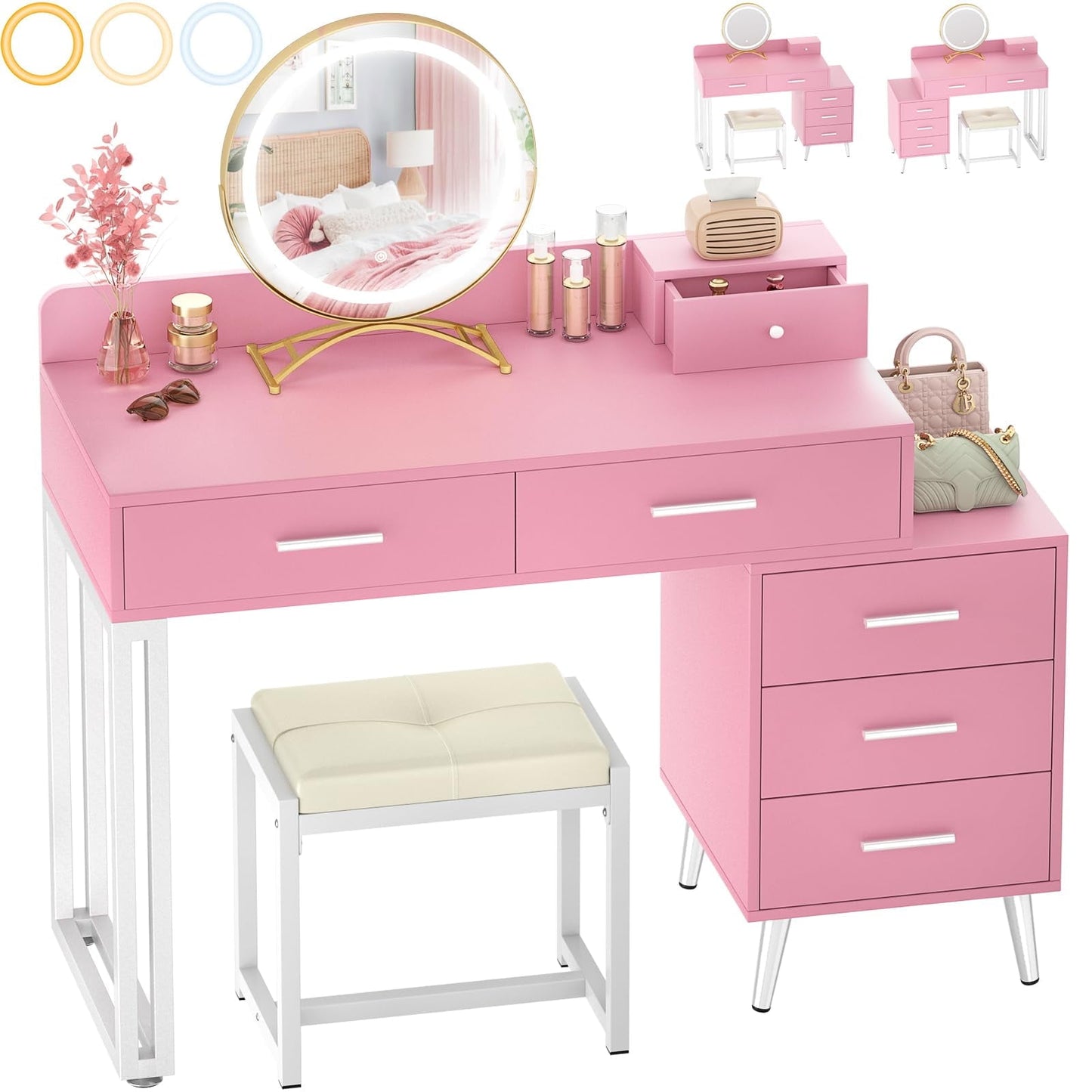 Homieasy Vanity Desk with Mirror and Lights, Modern Makeup Vanity Table Set with 6 Storage Drawers and Cushioned Stool for Bedroom, Dressing Table with Divided Organizers for Women, Pink