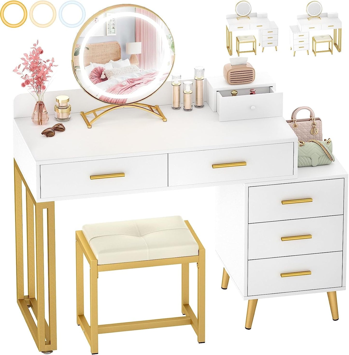 Homieasy Modern Makeup Vanity Set, White Desk with Lights, Mirror, 6 Drawers & Cushioned Stool