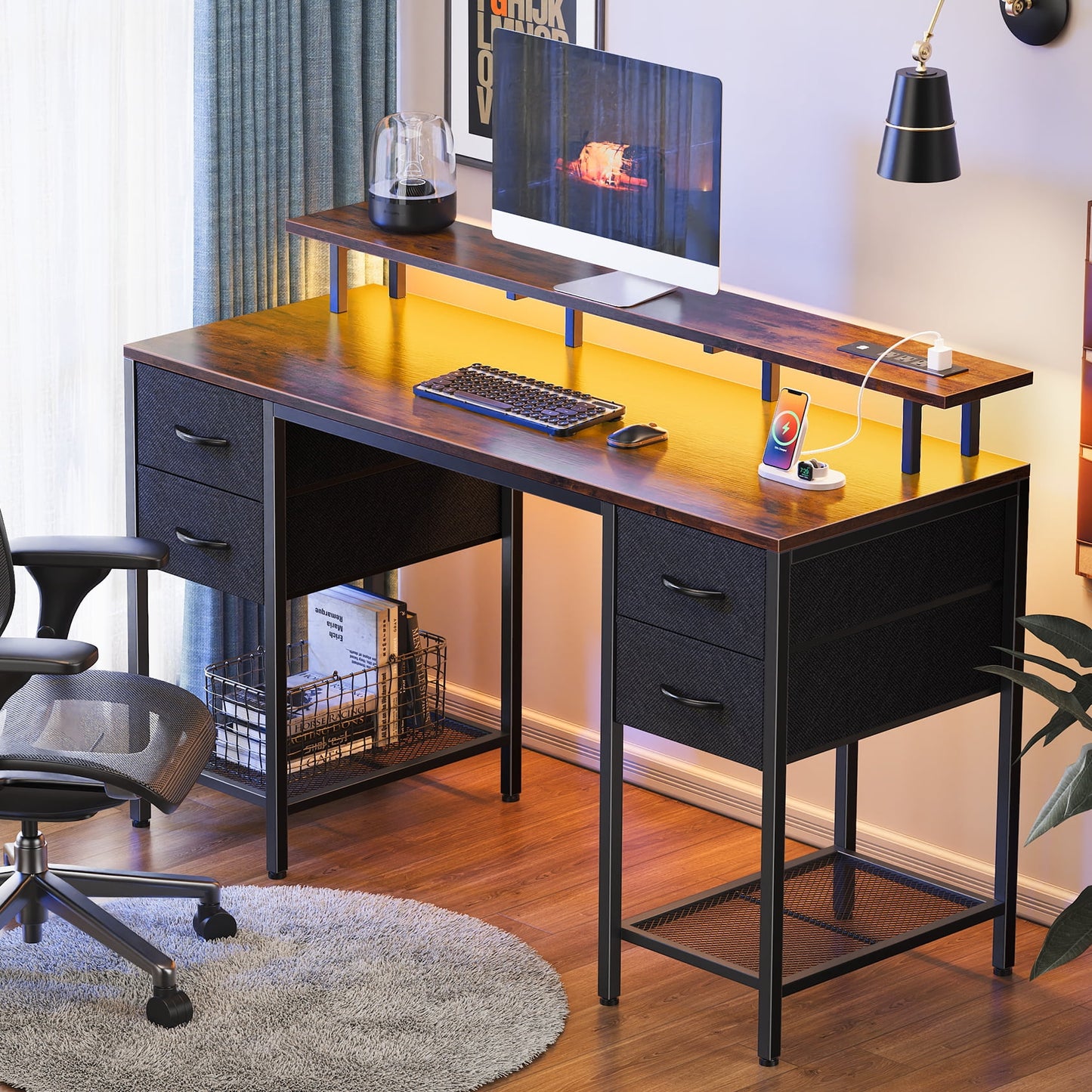 Huuger 55in LED-lit Industrial Desk, Power Outlets, 4 Drawers & Shelves, Gaming/Writing Desk, Rustic Brown