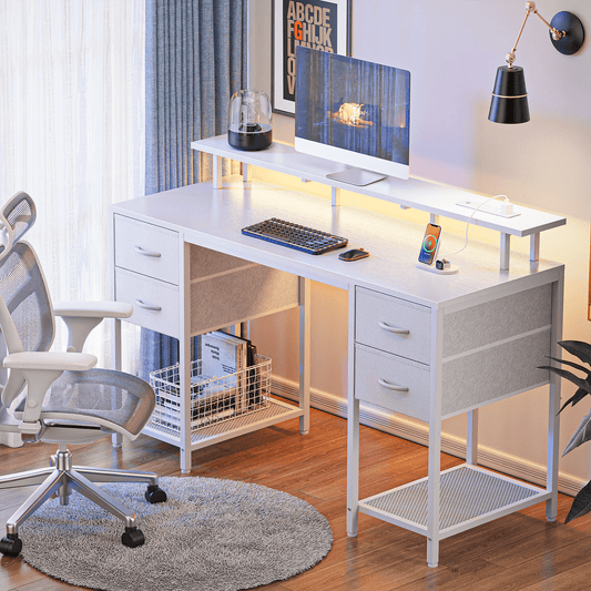 55.1in LED Gaming Desk with Drawers, Computer Desk with Outlets, Office Desk with 4 Drawers, Corner Desk, Writing Desk in White