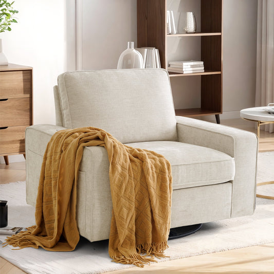 INGALIK Swivel Accent Chair, 40.2in W Oversize Chenille Accent Armchair with Storage Bag, Modern Comfortable Chair for Living Room, Bedroom, Beige