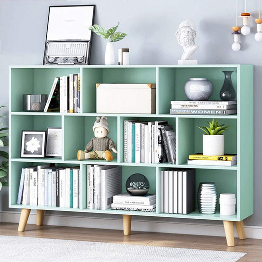 IOTXY Wooden Open Shelf Bookcase - 3-Tier Floor Standing Display Cabinet Rack with Legs, 10 Cubes Kids Bookshelf, Tiffany-Green