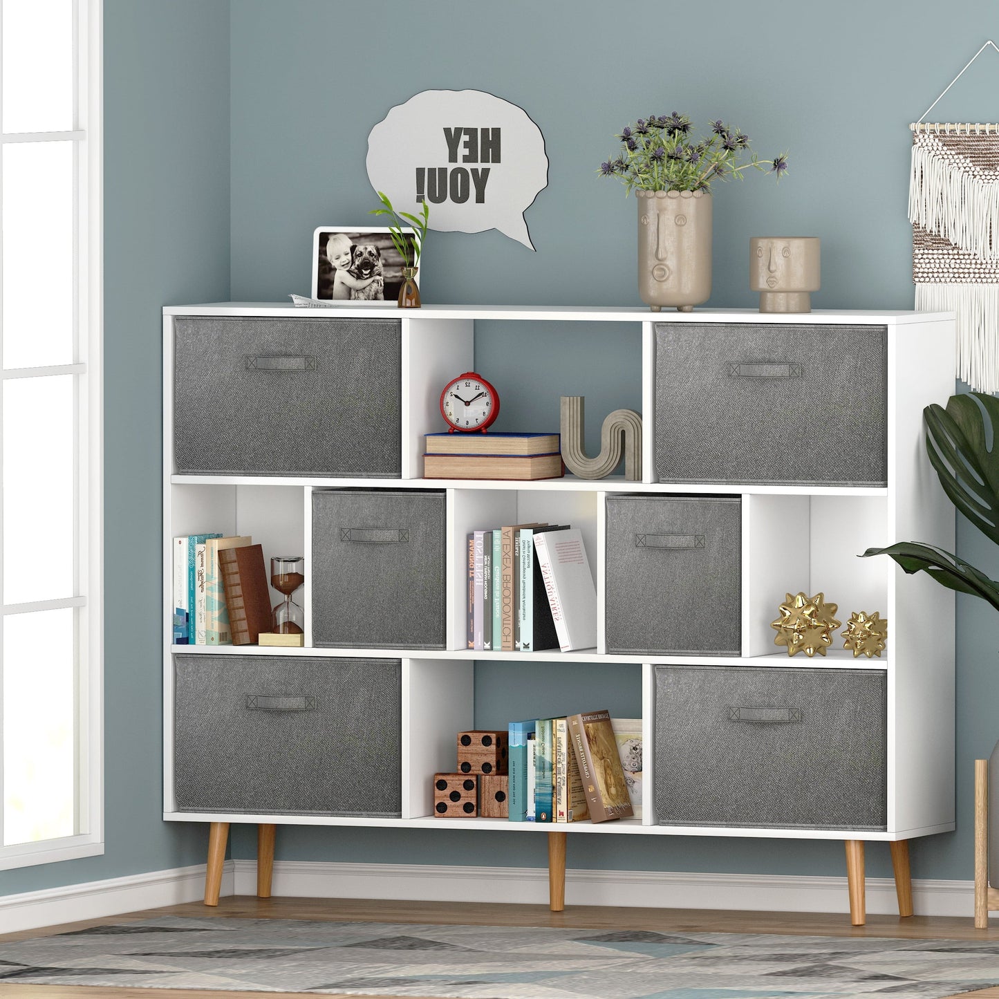 IVV White Cube Bookshelf with 6 Fabric Drawers, 3 Tier Modern Wood Bookcase with Legs, 55in Wide Bookshelf with Open Display Cubes, Modern Storage Display Cabinet for Living Room,Classroom,Kid's Room