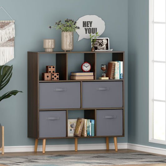 IVV Wooden Open Shelf Bookcase, Modern Minimalist Bookcase, 8 Cube Open Book Shelves Storage Organizer with 4 Fabric Drawers, Freestanding Display Bookcases for Small Space (Brown)