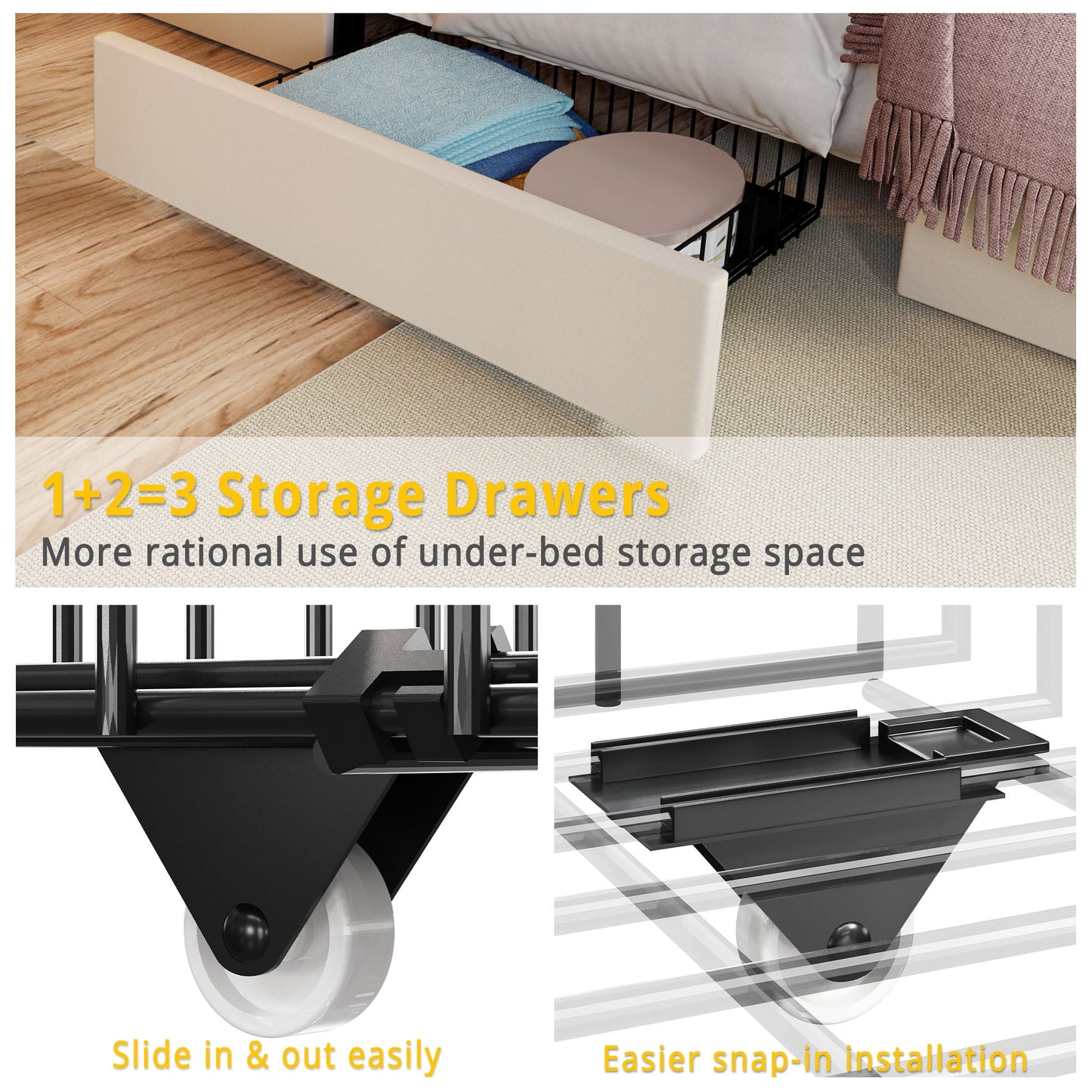 ANCTOR King Bed Frame, Upholstered, USB Ports, 3 Drawers, No Box Spring Needed