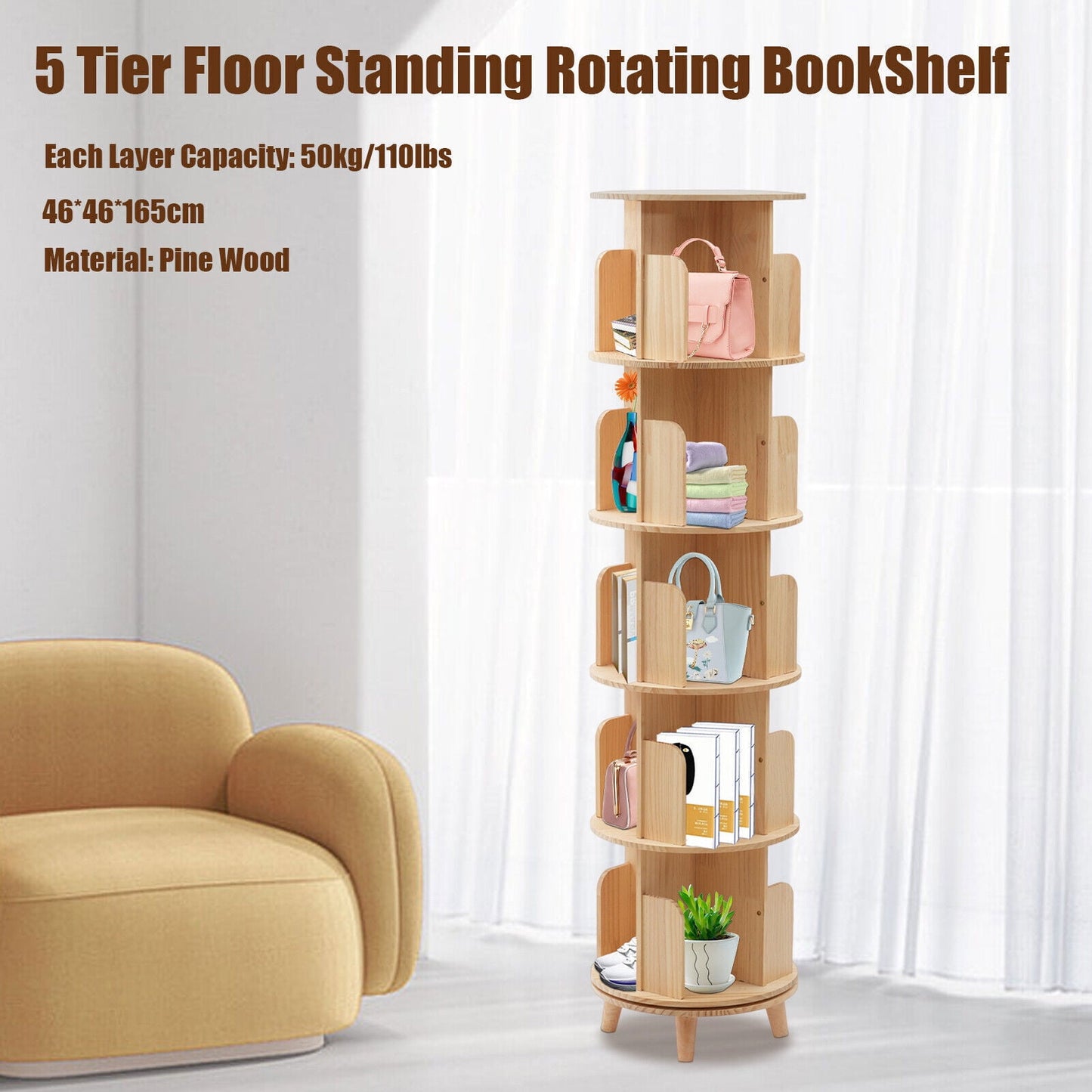 5 Tiers Rotating Bookshelf 360 Display Book Shelf,Wood Narrow Bookshelf Organizer, Multi-Functional Floor Stand Storage Rack