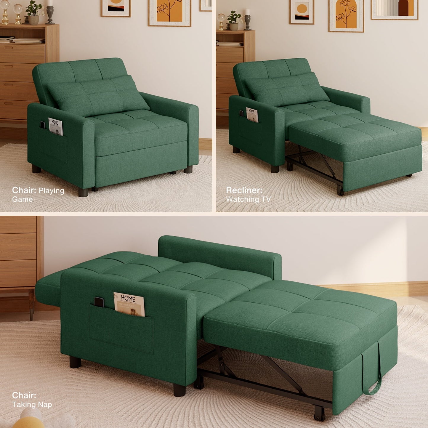 3 in 1 Convertible Chair Bed,Lofka Lounger Sleeper Chair Bed, Linen Sofa Bed Sleeper Armchair,Retro Green