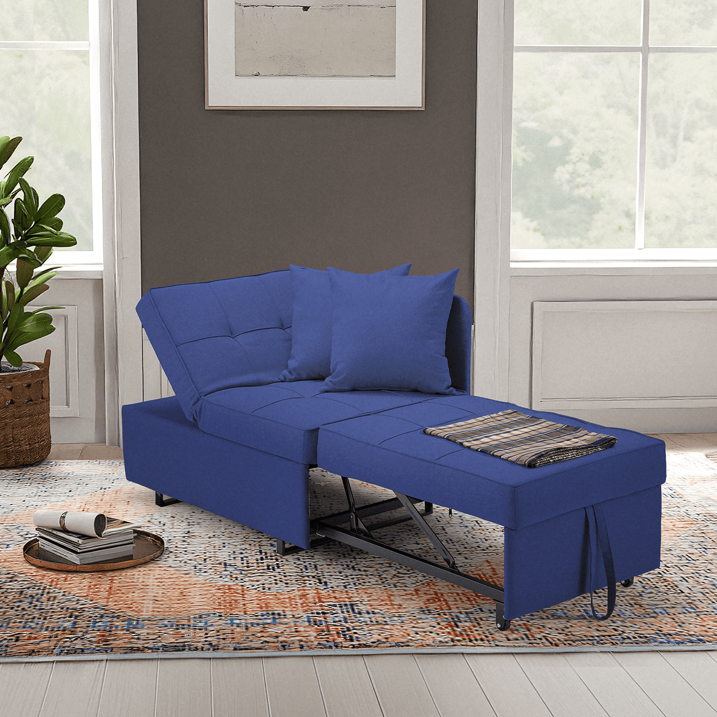 Hommow 3-in-1 Sleeper Sofa Chair Bed , 5-position Adjustable Backrest Pull Out Sofa Bed with Faux Linen Sofa Fabric, Fold Out Chair Bed for Living Rooms, Apartments, Small Rooms, Dark Blue
