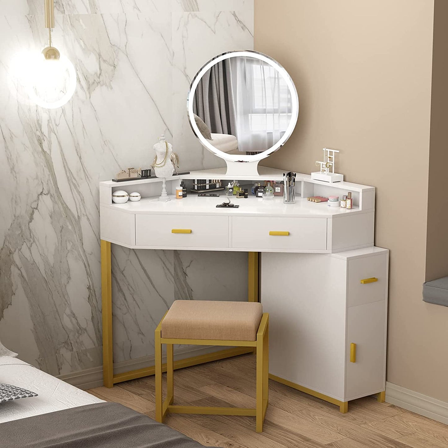 Smart Storage Corner Vanity Set with Lighted Mirror and Large Cosmetic Drawers by TZUTOGETHER